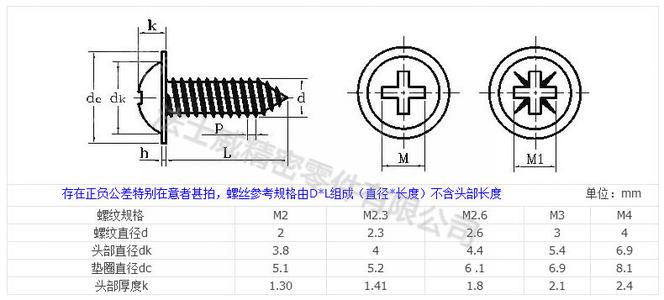 法士威碳钢十字槽盘头圆头带介自攻螺钉-规格