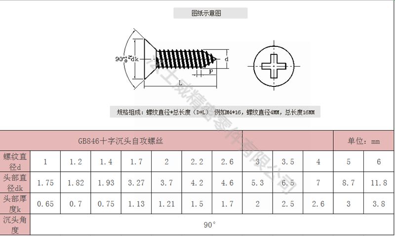 法士威GB846碳钢十字槽沉头自攻螺丝平头自攻螺钉6_规格