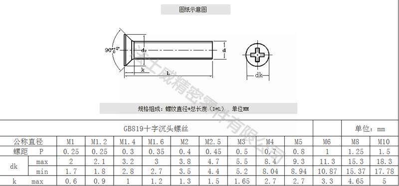 法士威GB819碳钢十字槽沉头螺丝_平头螺钉8_规格