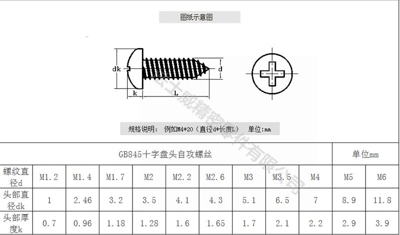 法士威GB845碳钢十字盘头自攻螺丝圆头自攻螺钉-规格